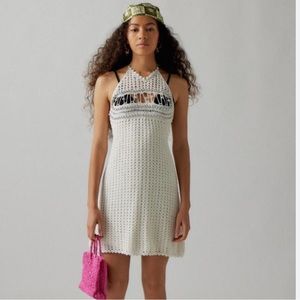 NWT Celeste cream beaded halter crochet mini dress